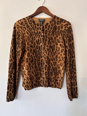 Lauren Ralph Lauren Leopard Print Silk Blend Cardigan Sweater Small